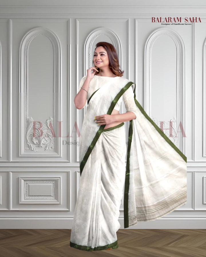 Balaram Saha: Off-White & Green Tangail Cotton Saree Balaram Saha