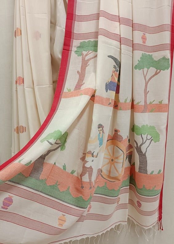 Handloom Handspun Cotton Jamdani Saree with Clay Pitcher and Historical Motifs Balaram Saha