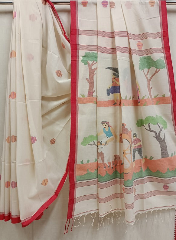 Handloom Handspun Cotton Jamdani Saree with Clay Pitcher and Historical Motifs Balaram Saha
