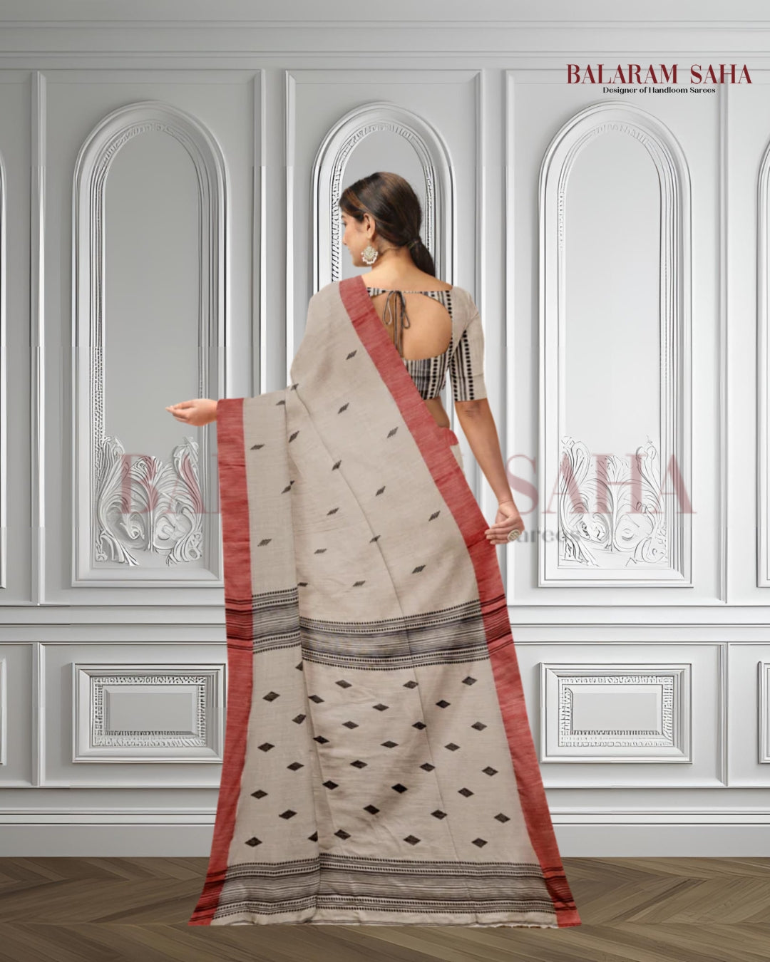 Beige & Red/Black Handloom Soft Cotton Saree Balaram Saha