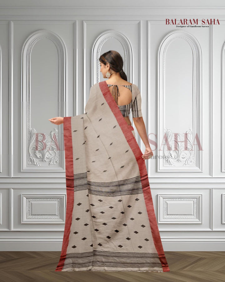 Beige & Red/Black Handloom Soft Cotton Saree Balaram Saha