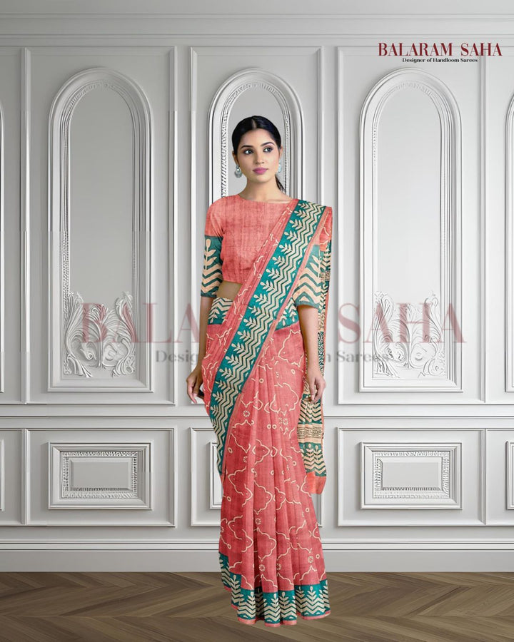 New Summer Vintage Peach Handloom Tussar Silk Block Print Saree By Balaram Saha (balaram saha, Kolkata Bengal Saree, handloom saree, handloom cotton saree, balaram saha online, balaram saha handloom saree store, handloom sarees, balaram saha handloom saree store photos, balaram saha handloom saree store, cotton handloom saree, bengal handloom sarees,tussar silk saree, tussar silk sarees, handloom tussar silk saree)