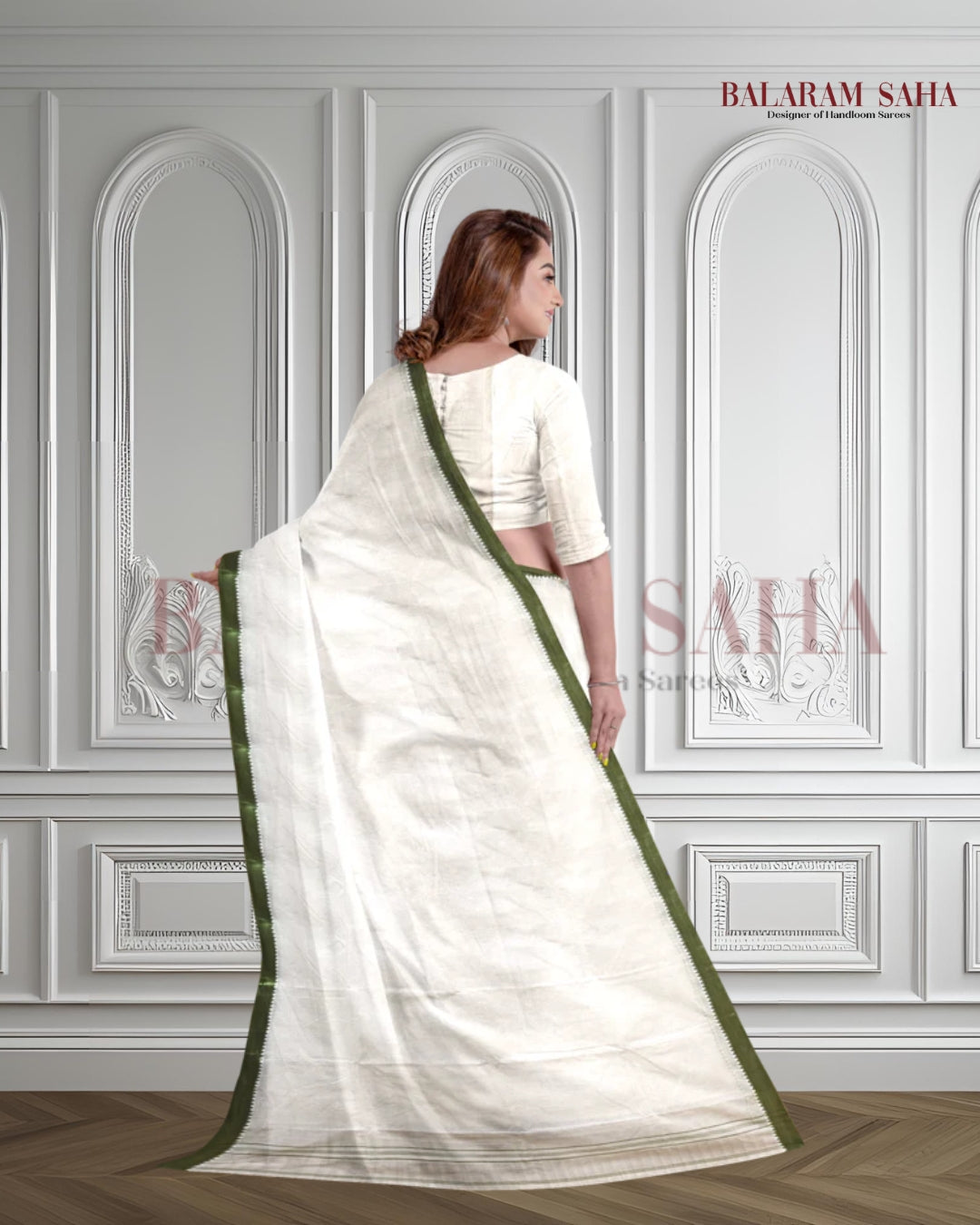 Balaram Saha: Off-White & Green Tangail Cotton Saree Balaram Saha
