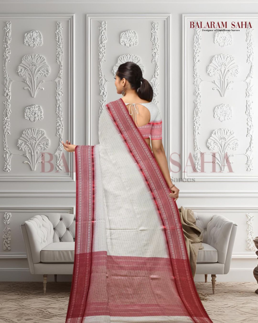 Off White & Red Premium Handloom Cotton Saree With Woven Border Balaram Saha