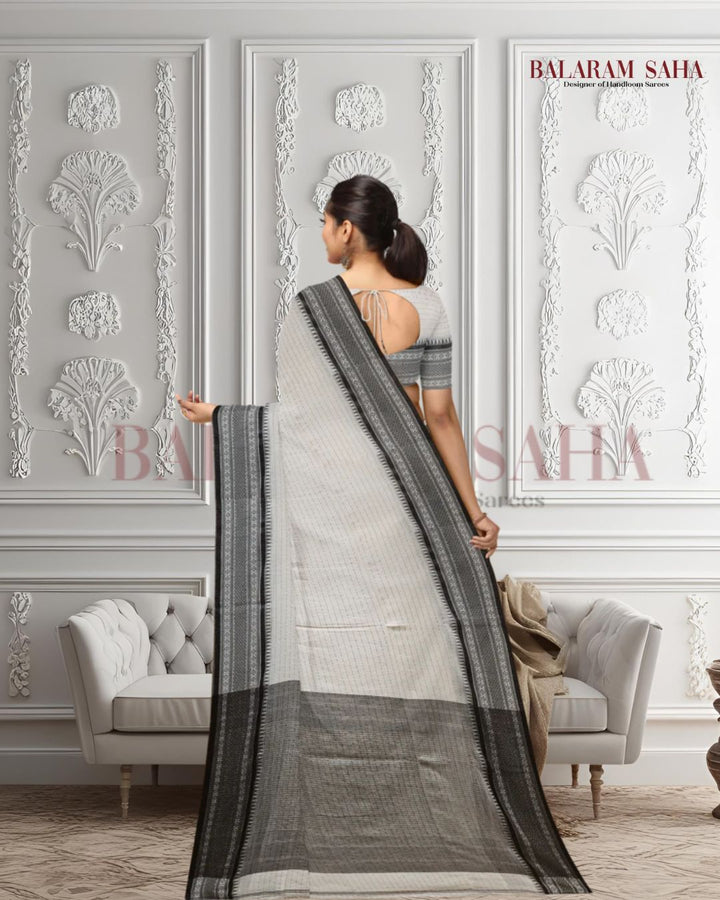 Off White & Black Premium Handloom Cotton Saree With Woven Border Balaram Saha