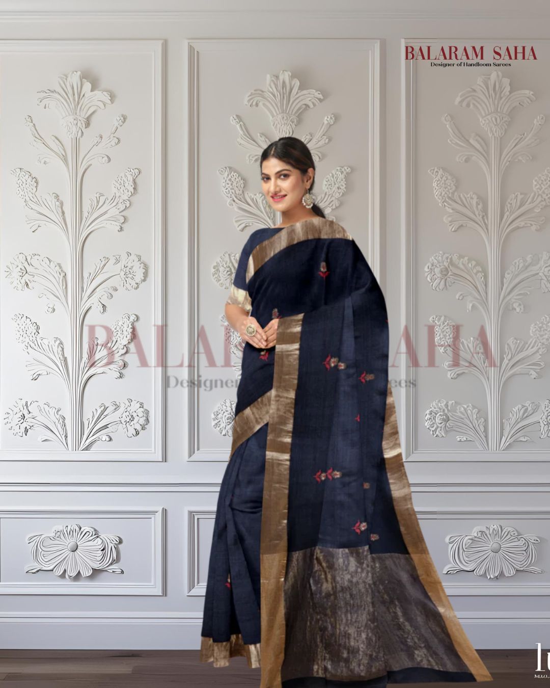 Black & Golden Zari Handloom Soft Khadi Tussar Silk Saree Balaram Saha