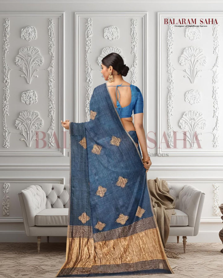 Peacock Blue and Golden Zari Soft Handwoven Muslin Silk Saree Balaram Saha