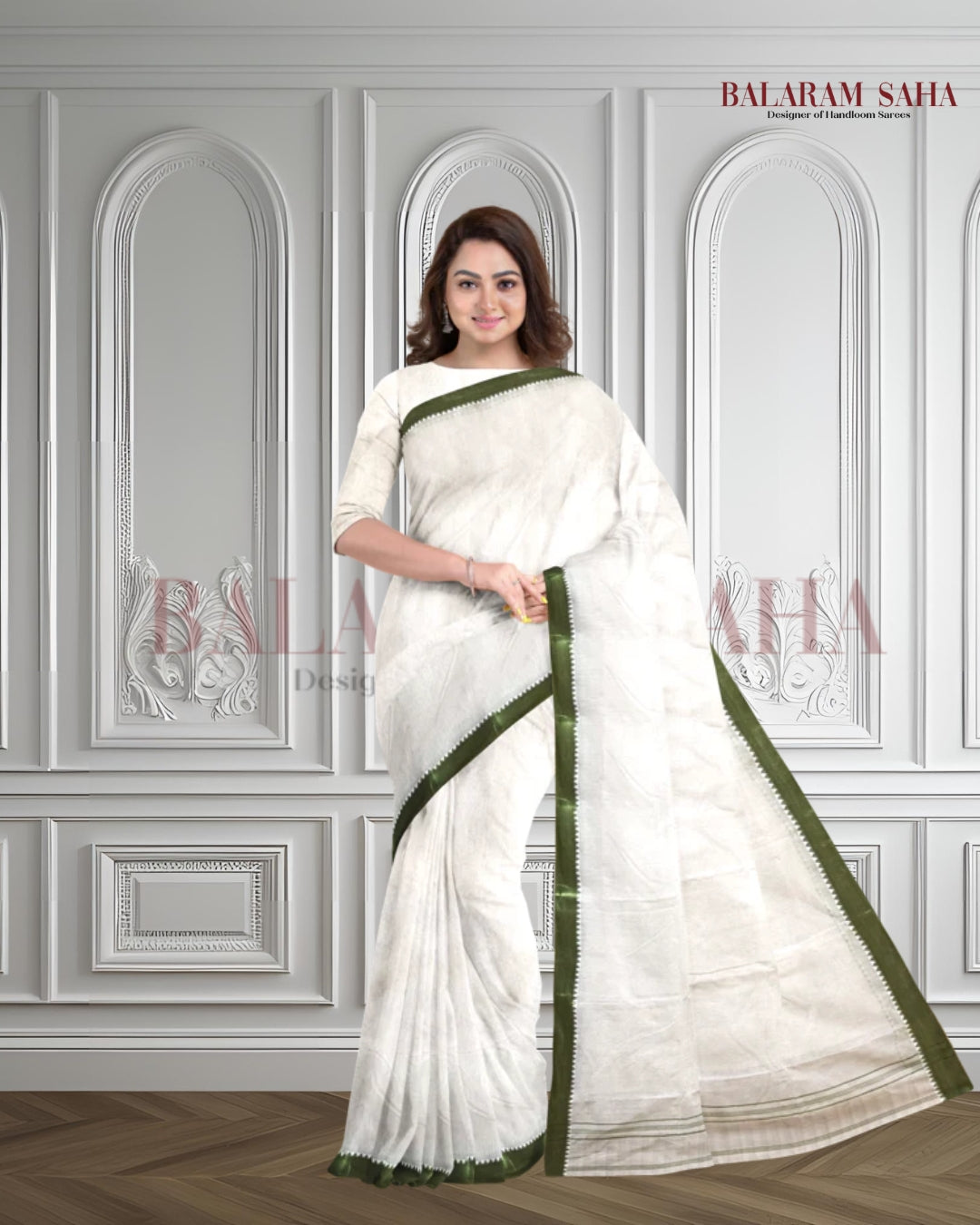 Balaram Saha: Off-White & Green Tangail Cotton Saree Balaram Saha