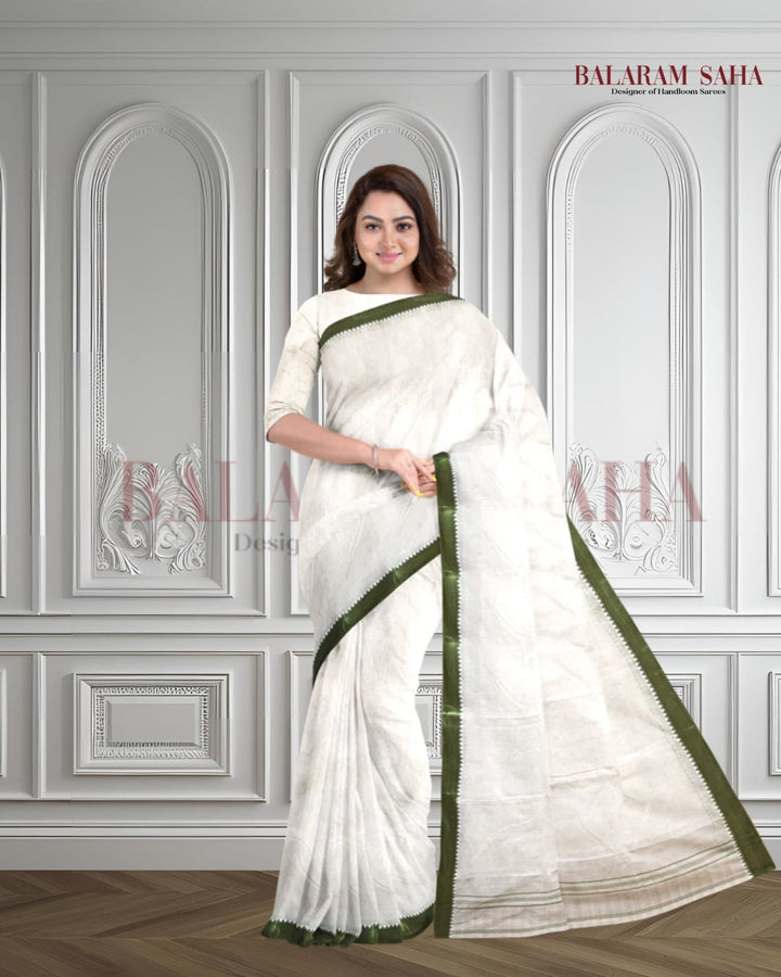 Balaram Saha: Off-White & Green Tangail Cotton Saree Balaram Saha