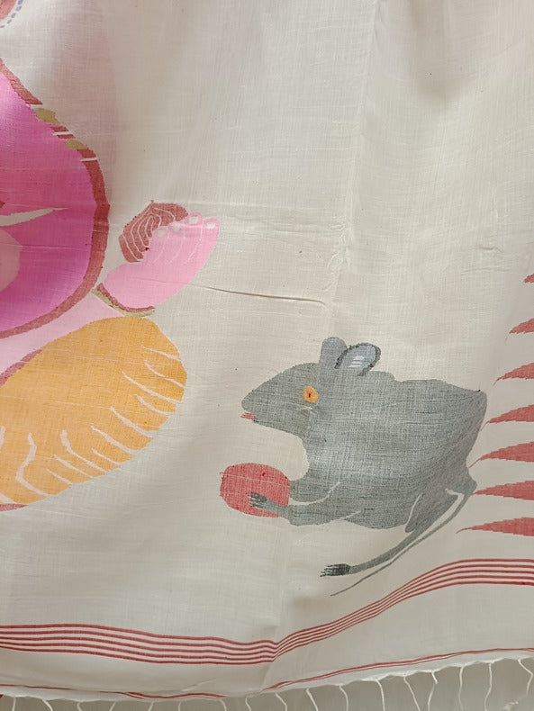 Handloom Handspun Cotton Jamdani Saree with Red Border and Cute Ganesh-Rat Motifs Balaram Saha