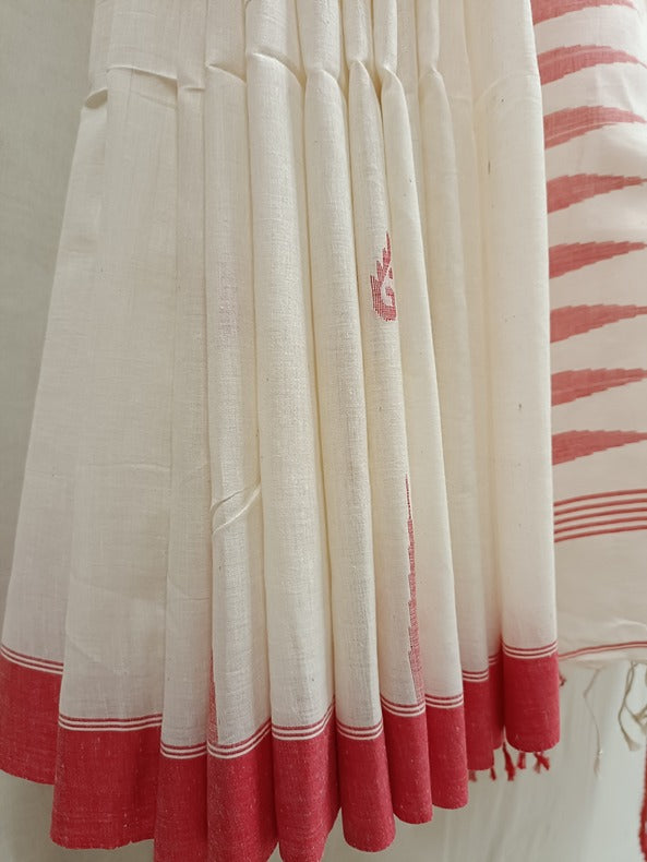 Handloom Handspun Cotton Jamdani Saree with Red Border and Cute Ganesh-Rat Motifs Balaram Saha