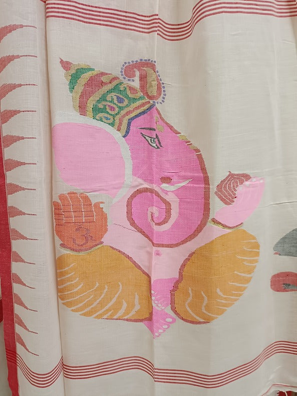 Handloom Handspun Cotton Jamdani Saree with Red Border and Cute Ganesh-Rat Motifs Balaram Saha