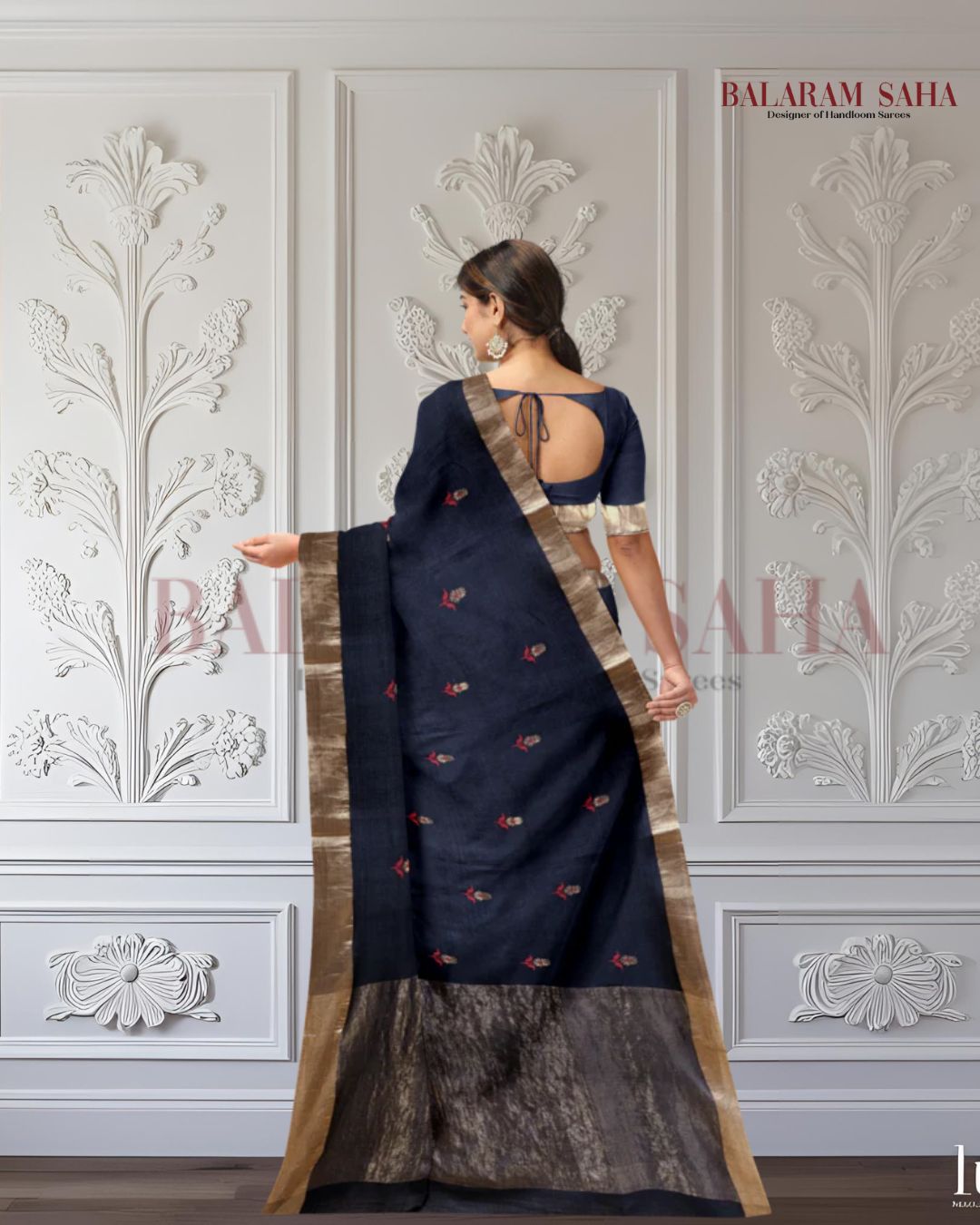 Black & Golden Zari Handloom Soft Khadi Tussar Silk Saree Balaram Saha