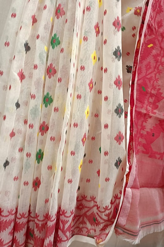 Off-White & Red Soft Handloom Jacquard Jamdani saree, Balaram Saha