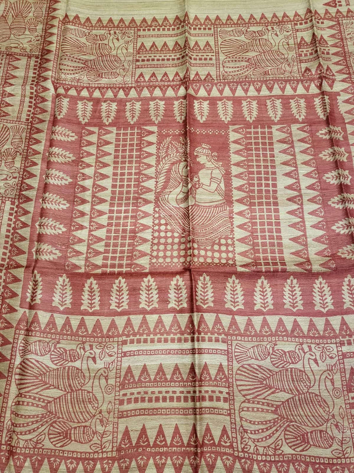 Pure Tussar/Ghicha Silk saree in the natural shade with Red hand block print Balaram Saha