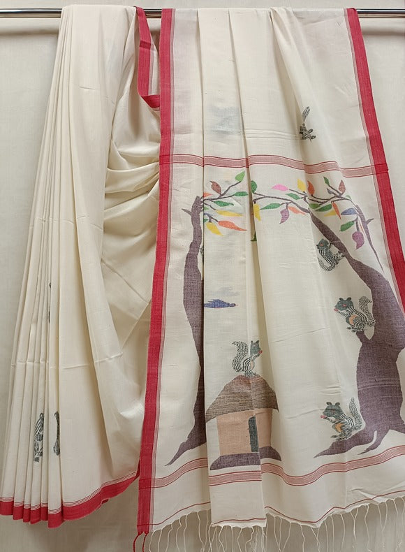 Nature-Inspired Handloom Handspun Cotton Jamdani Saree with Squirrel Motif Balaram Saha