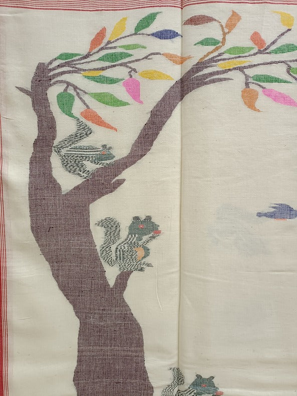 Nature-Inspired Handloom Handspun Cotton Jamdani Saree with Squirrel Motif Balaram Saha