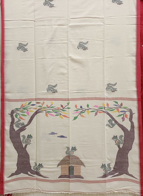 Nature-Inspired Handloom Handspun Cotton Jamdani Saree with Squirrel Motif Balaram Saha