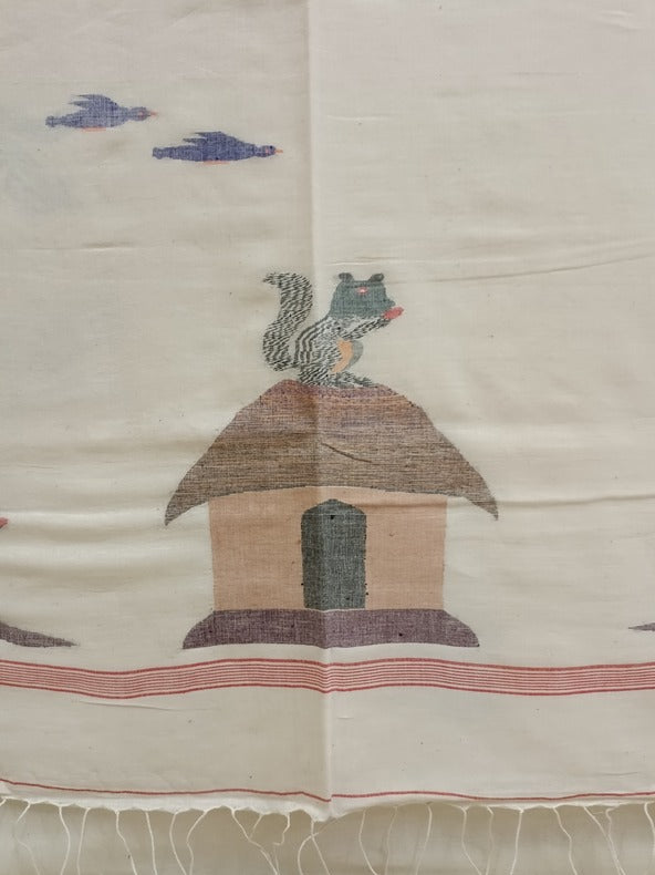 Nature-Inspired Handloom Handspun Cotton Jamdani Saree with Squirrel Motif Balaram Saha