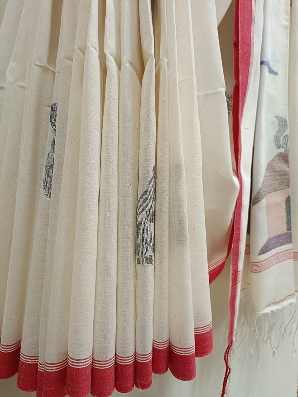 Nature-Inspired Handloom Handspun Cotton Jamdani Saree with Squirrel Motif Balaram Saha