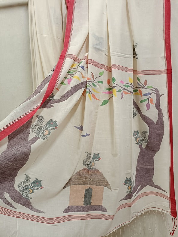 Nature-Inspired Handloom Handspun Cotton Jamdani Saree with Squirrel Motif Balaram Saha