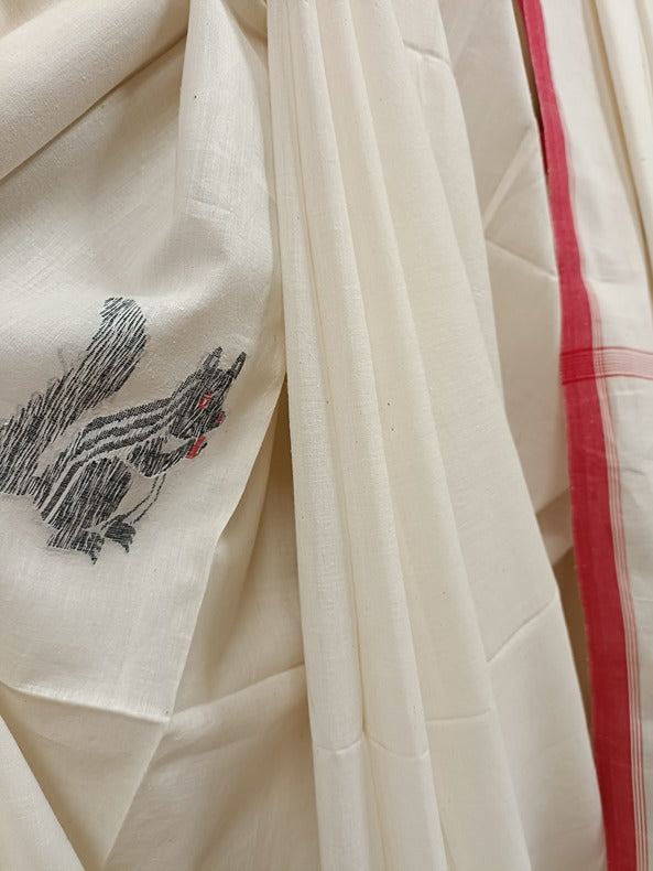 Nature-Inspired Handloom Handspun Cotton Jamdani Saree with Squirrel Motif Balaram Saha