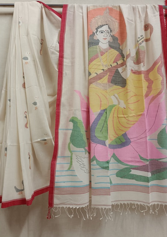 Divine Elegance: Handloom Handspun Cotton Jamdani Saree, Maa Saraswati Balaram Saha