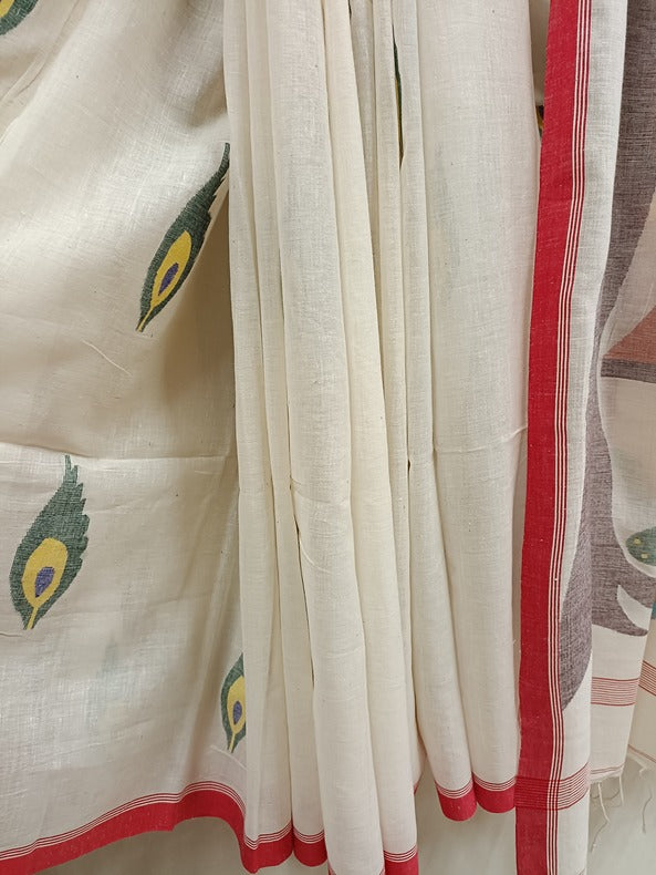 Handspun Cotton Jamdani Saree with Peacock Feathers and Radha Krishna Motif Balaram Saha
