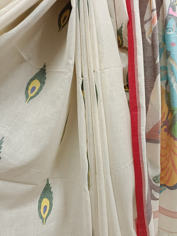 Handspun Cotton Jamdani Saree with Peacock Feathers and Radha Krishna Motif Balaram Saha
