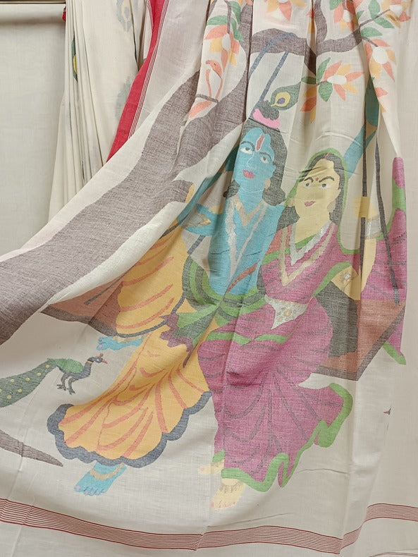 Handspun Cotton Jamdani Saree with Peacock Feathers and Radha Krishna Motif Balaram Saha