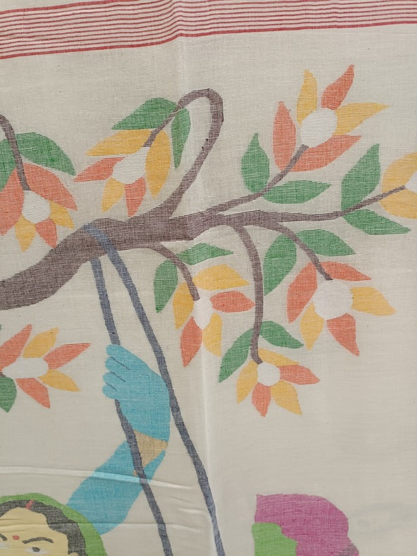 Handspun Cotton Jamdani Saree with Peacock Feathers and Radha Krishna Motif Balaram Saha