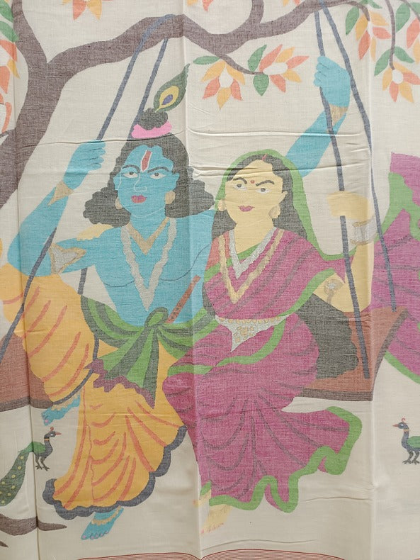 Handspun Cotton Jamdani Saree with Peacock Feathers and Radha Krishna Motif Balaram Saha