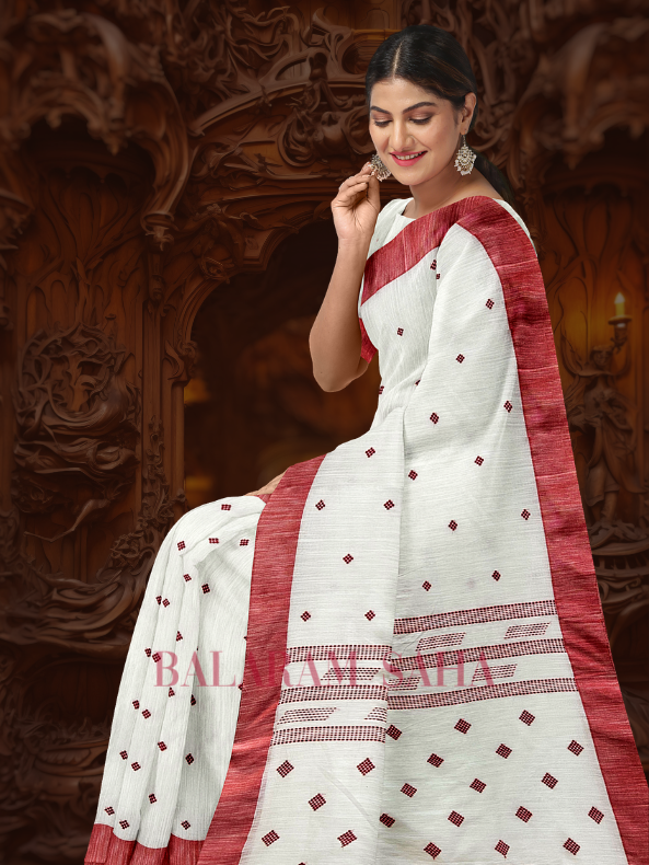 A Classic Revisited: Balaram Saha's White Handloom Cotton Saree with Red Contrast Border - (handloom saree, cotton saree, handloom cotton saree, balaram saha online, handloom sarees, balaram saha handloom saree store, cotton handloom saree, bengal handloom sarees, pure cotton, cotton saree for women, cotton saree online)      https://www.behance.net/