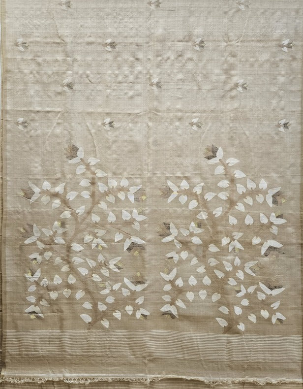 Balaram Saha's Natural Gachhi Tussar Jamdani Saree (handloom saree, cotton saree, handloom cotton saree, balaram saha online, handloom sarees, balaram saha handloom saree store photos, balaram saha handloom saree store, cotton handloom saree, bengal handloom sarees, pure cotton, Zari border, handloom cotton saree with zari border, soft cotton saree with zari border, cotton saree for women, cotton saree online, tussar silk, tussar)