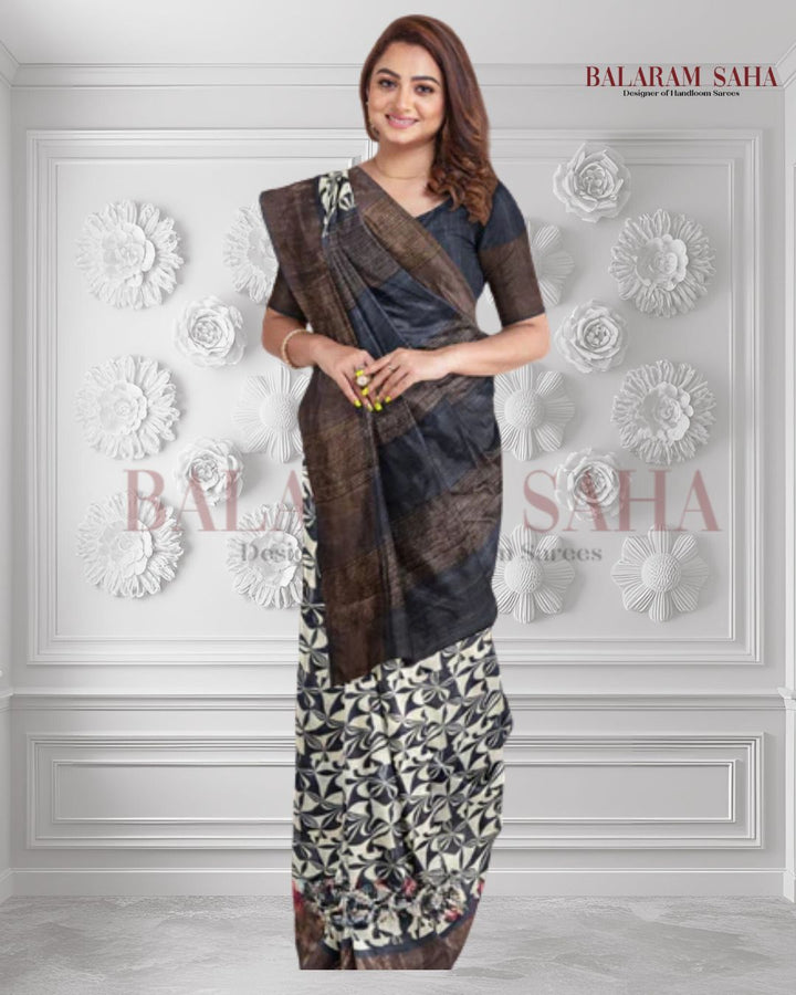 Balaram Saha Beige & Black Premium Tussar Silk Saree With Hand Block Print - (handloom saree, silk saree, handloom silk saree, balaram saha online, silk sarees, silk handloom saree, bengal handloom sarees, pure silk, silk saree online, tussar silk saree, tussar silk)   https://sedo.com/us/