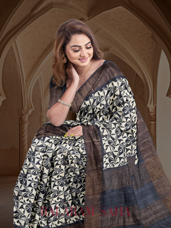 Balaram Saha Beige & Black Premium Tussar Silk Saree With Hand Block Print - (handloom saree, silk saree, handloom silk saree, balaram saha online, silk sarees, silk handloom saree, bengal handloom sarees, pure silk, silk saree online, tussar silk saree, tussar silk)     https://www.indiatimes.com/