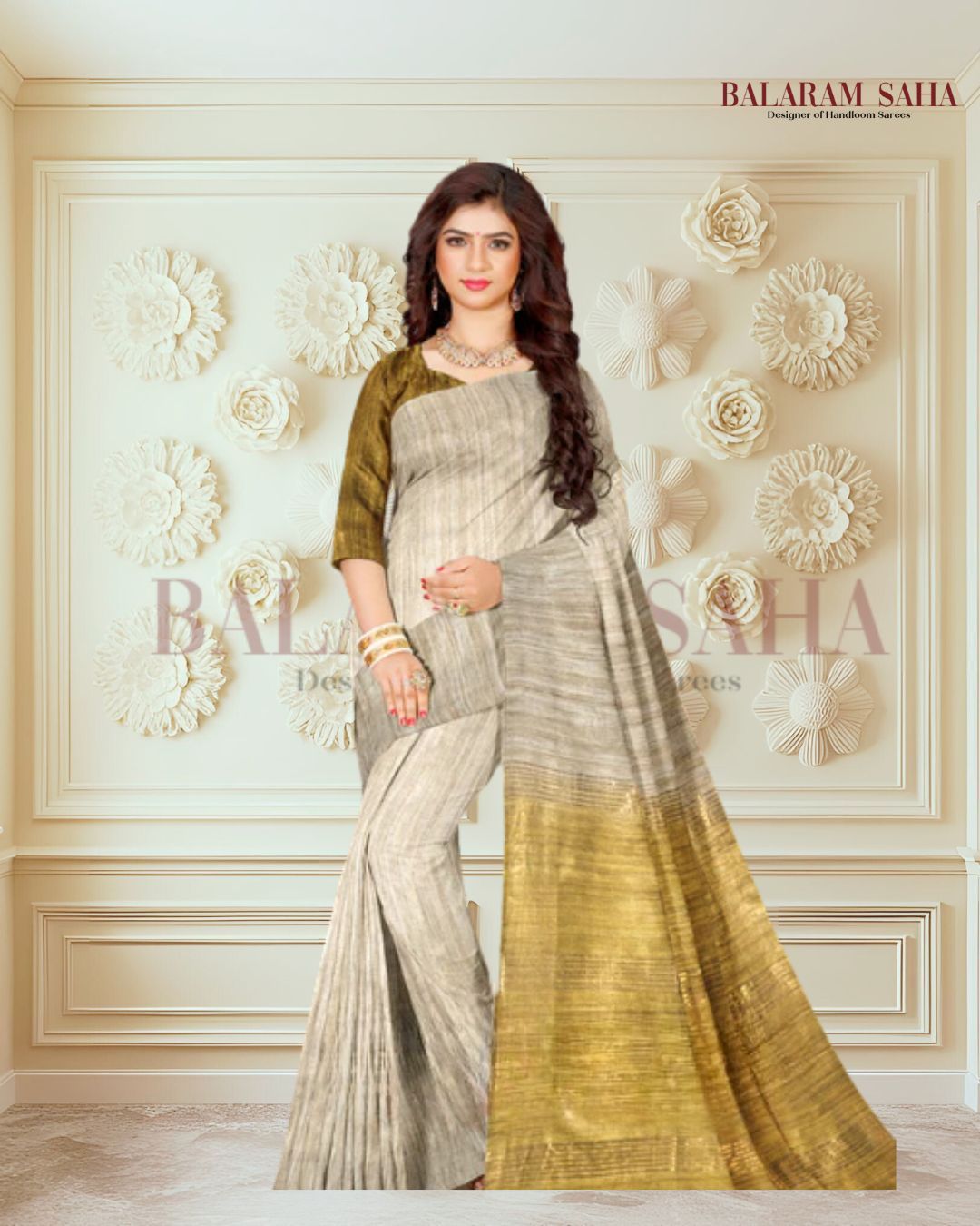 Balaram Saha: Beige Handloom Ghichha Tussar Silk Saree with Zari Border - (handloom saree, silk saree, handloom silk saree, balaram saha online, silk sarees, silk handloom saree, bengal handloom sarees, pure silk, silk saree online, tussar silk saree, tussar silk, bengali silk saree)