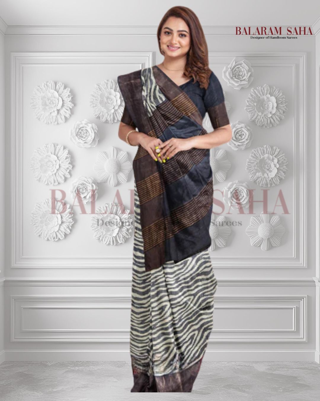 Balaram Saha Heritage Off White & Black Premium Tussar Silk Saree  - (handloom saree, silk saree, handloom silk saree, balaram saha online, silk sarees, silk handloom saree, bengal handloom sarees, pure silk, silk saree online, tussar silk saree, tussar silk)    https://www.namebright.com/