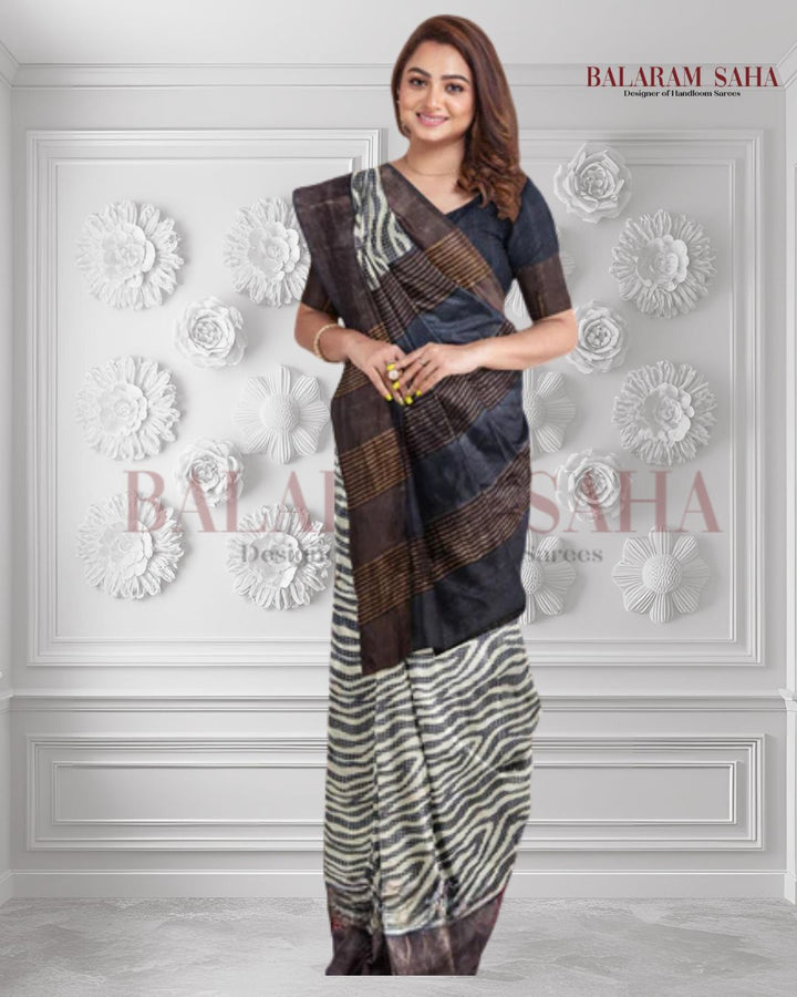 Balaram Saha Heritage Off White & Black Premium Tussar Silk Saree  - (handloom saree, silk saree, handloom silk saree, balaram saha online, silk sarees, silk handloom saree, bengal handloom sarees, pure silk, silk saree online, tussar silk saree, tussar silk)    https://www.namebright.com/