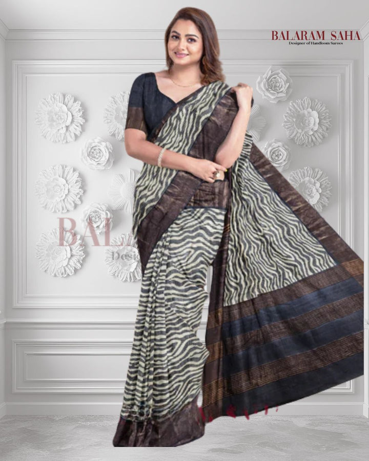 Balaram Saha Heritage Off White & Black Premium Tussar Silk Saree Balaram Saha