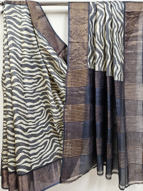 Balaram Saha Heritage Off White & Black Premium Tussar Silk Saree  - (handloom saree, silk saree, handloom silk saree, balaram saha online, silk sarees, silk handloom saree, bengal handloom sarees, pure silk, silk saree online, tussar silk saree, tussar silk)     https://themeforest.net/
