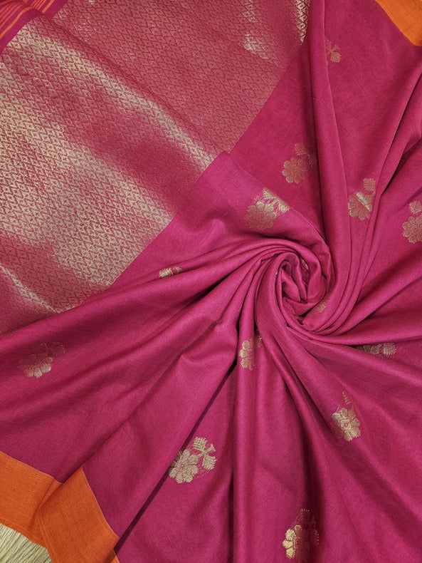 Balaram Saha Premium Magic: Rani Pink & Orange Handloom Cotton Saree (handloom saree, cotton saree, handloom cotton saree, balaram saha online, handloom sarees, balaram saha handloom saree store photos, balaram saha handloom saree store, cotton handloom saree, bengal handloom sarees, pure cotton, cotton saree for women, cotton saree online)