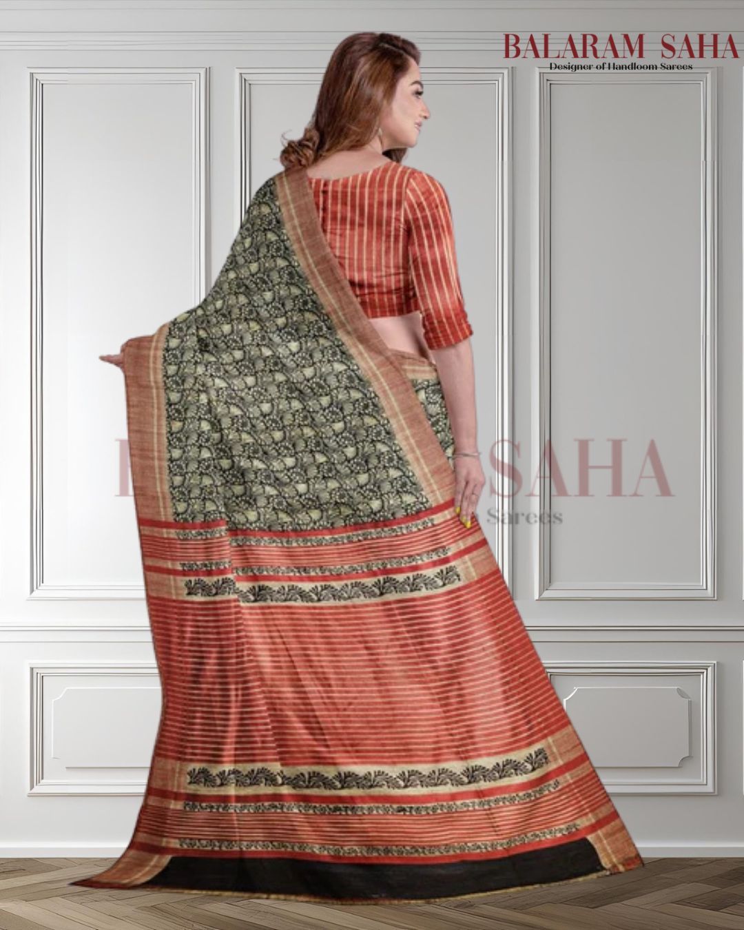 Balaram Saha Presents: Beige & Black Handloom Ghichha Tussar Printed Silk- (handloom saree, silk saree, handloom silk saree, balaram saha online, silk sarees, silk handloom saree, bengal handloom sarees, pure silk, silk saree online, tussar silk saree, tussar silk, bengali silk saree)