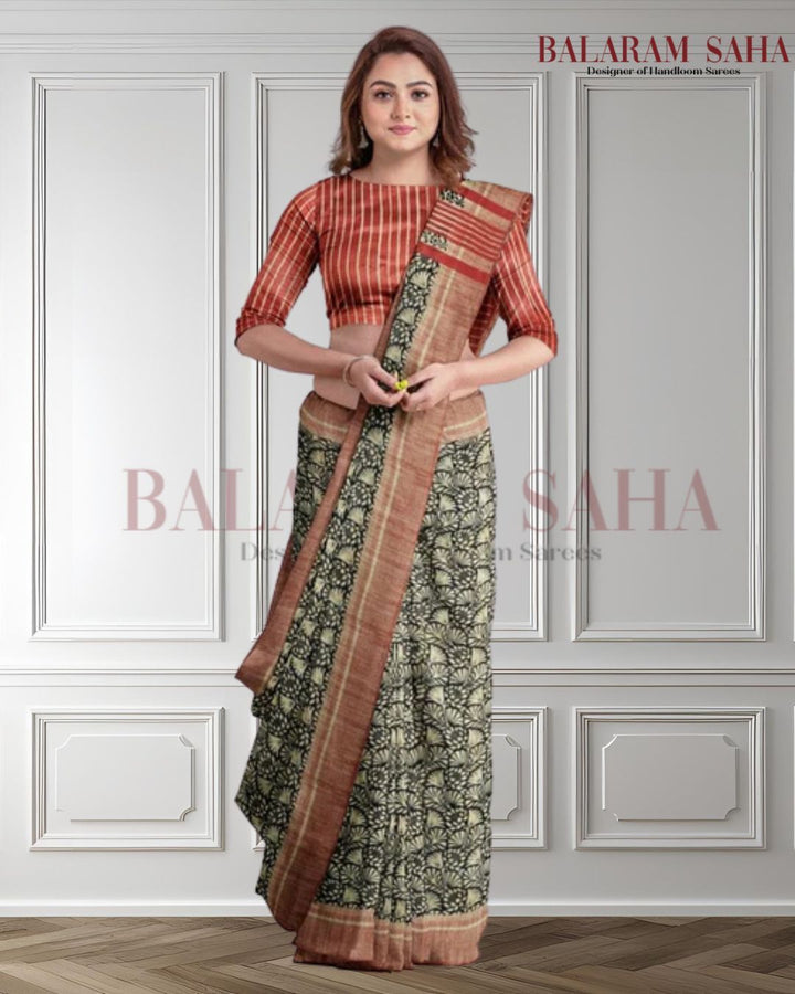 Balaram Saha Presents: Beige & Black Handloom Ghichha Tussar Printed Silk- (handloom saree, silk saree, handloom silk saree, balaram saha online, silk sarees, silk handloom saree, bengal handloom sarees, pure silk, silk saree online, tussar silk saree, tussar silk, bengali silk saree)