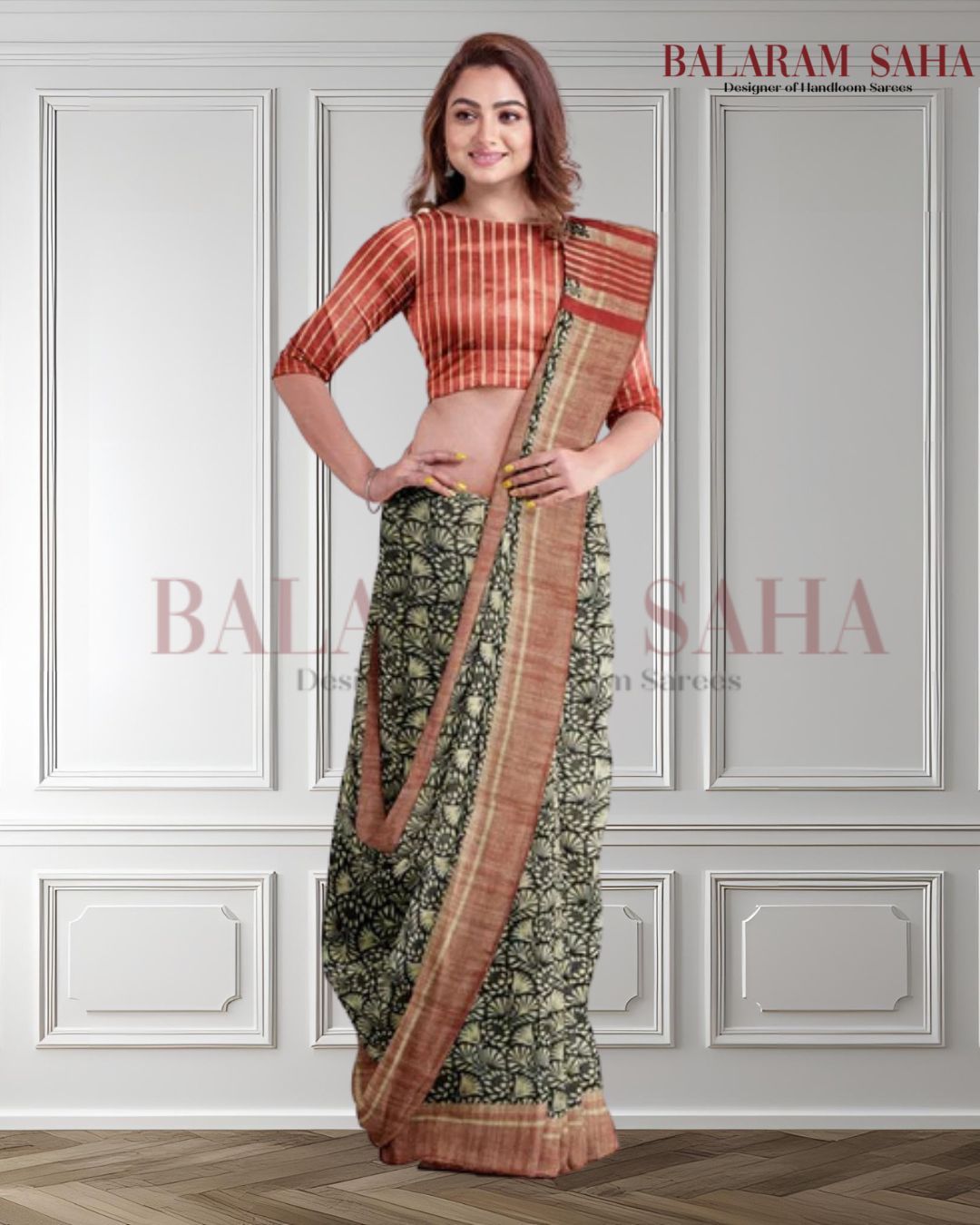 Balaram Saha Presents: Beige & Black Handloom Ghichha Tussar Printed Silk- (handloom saree, silk saree, handloom silk saree, balaram saha online, silk sarees, silk handloom saree, bengal handloom sarees, pure silk, silk saree online, tussar silk saree, tussar silk, bengali silk saree)