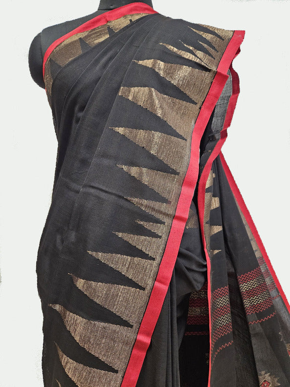Balaram Saha Presents: Black & Red Handloom Cotton Saree with Classic Temple Border - (handloom saree, cotton saree, handloom cotton saree, balaram saha online, handloom sarees, balaram saha handloom saree store photos, balaram saha handloom saree store, cotton handloom saree, bengal handloom sarees, pure cotton, Zari border, handloom cotton saree with zari border, soft cotton saree with zari border, cotton saree for women, cotton saree online)