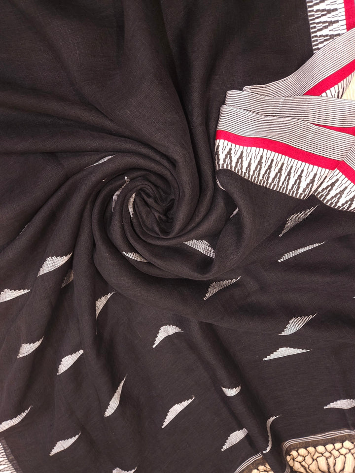Balaram Saha Presents: Black & White Premium Handloom Linen Saree with Woven Border  - (handloom saree, cotton sarees, handloom cotton saree, balaram saha online, handloom sarees, latest handloom cotton sarees, pure handloom cotton sarees, cotton handloom saree, kolkata cotton saree, pure cotton, white cotton saree, cotton saree online, khadi cotton saree, cotton saree collection, bangladeshi cotton saree, saree cotton saree, bengal cotton sarees in Kolkata, bengali cotton saree, https://en.wikipedia.org/
