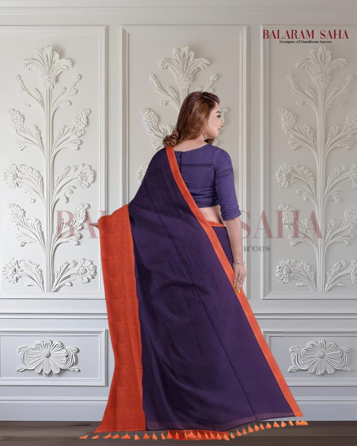 Balaram Saha Presents: Navy & Orange Mul Cotton Saree - (cotton saree, handloom cotton saree, balaram saha online, handloom sarees, balaram saha handloom saree store photos, balaram saha handloom saree store, cotton handloom saree, pure cotton, cotton saree for women, cotton saree online, balaram saha, balaram saha handloom saree store, balaram saha saree, balaram saha online, balaram saha saree online, balaram saha gariahat, Mul Cotton, Mul Cotton Saree)