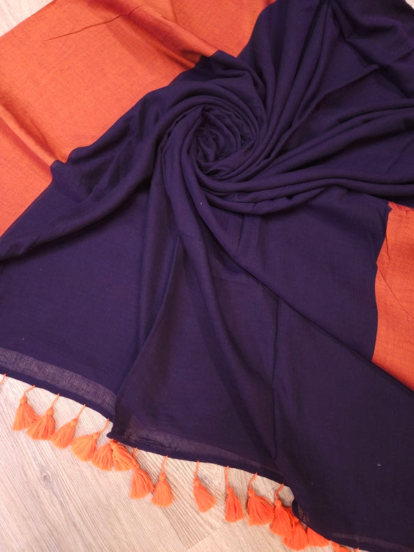 Balaram Saha Presents: Navy & Orange Mul Cotton Saree - (cotton saree, handloom cotton saree, balaram saha online, handloom sarees, balaram saha handloom saree store photos, balaram saha handloom saree store, cotton handloom saree, pure cotton, cotton saree for women, cotton saree online, balaram saha, balaram saha handloom saree store, balaram saha saree, balaram saha online, balaram saha saree online, balaram saha gariahat, Mul Cotton, Mul Cotton Saree)