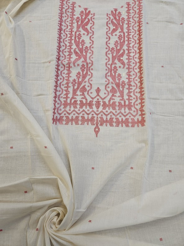 Balaram Saha Presents: White & Red Handloom Cotton Jamdani Unisex Kurta Piece